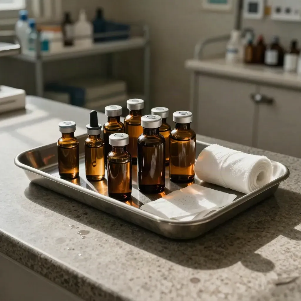 Stainless medical tray with amber vials, dropper bottles and gauze on brushed stone