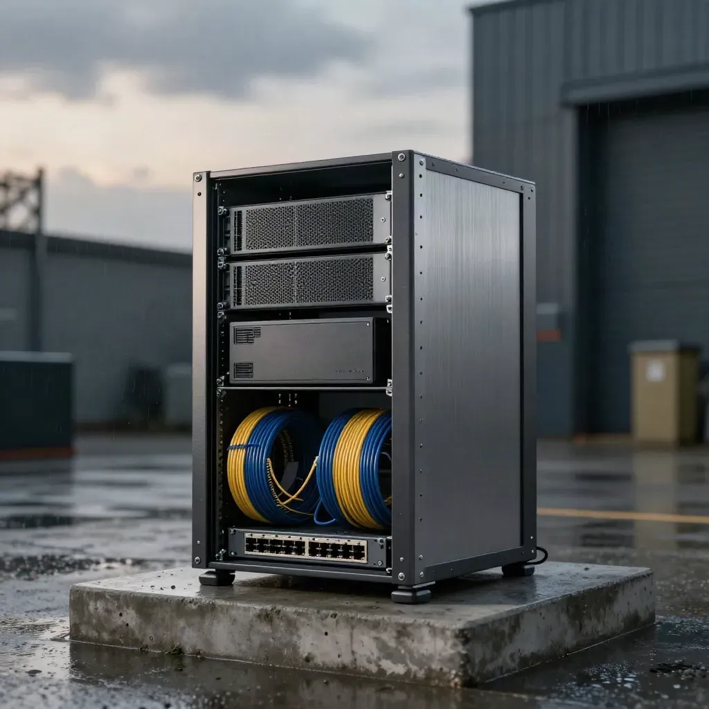 Brushed-aluminium server rack with UPS, SSD caddies and fibre coils on damp concrete in soft dawn mist.