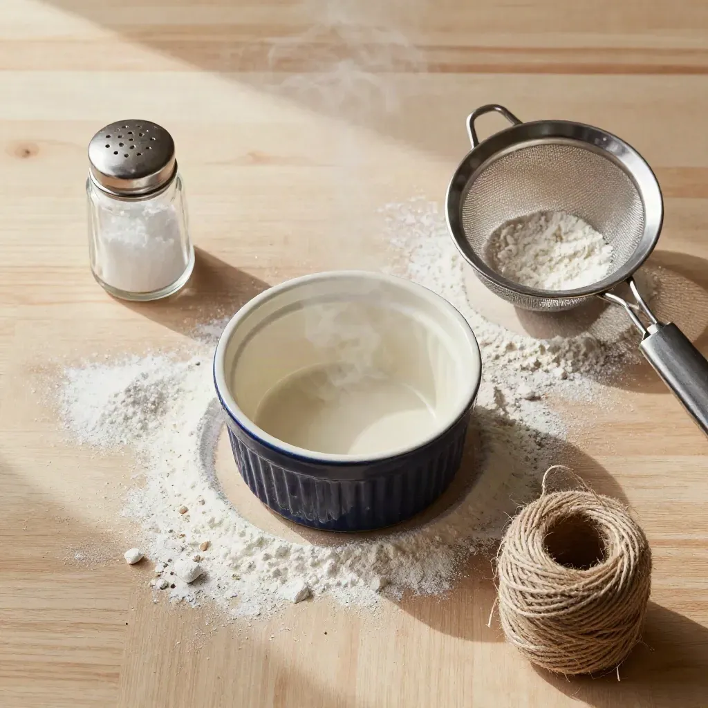 Top-down still life of ramekin, salt cellar, sieve, and twine spool on pale wood.
