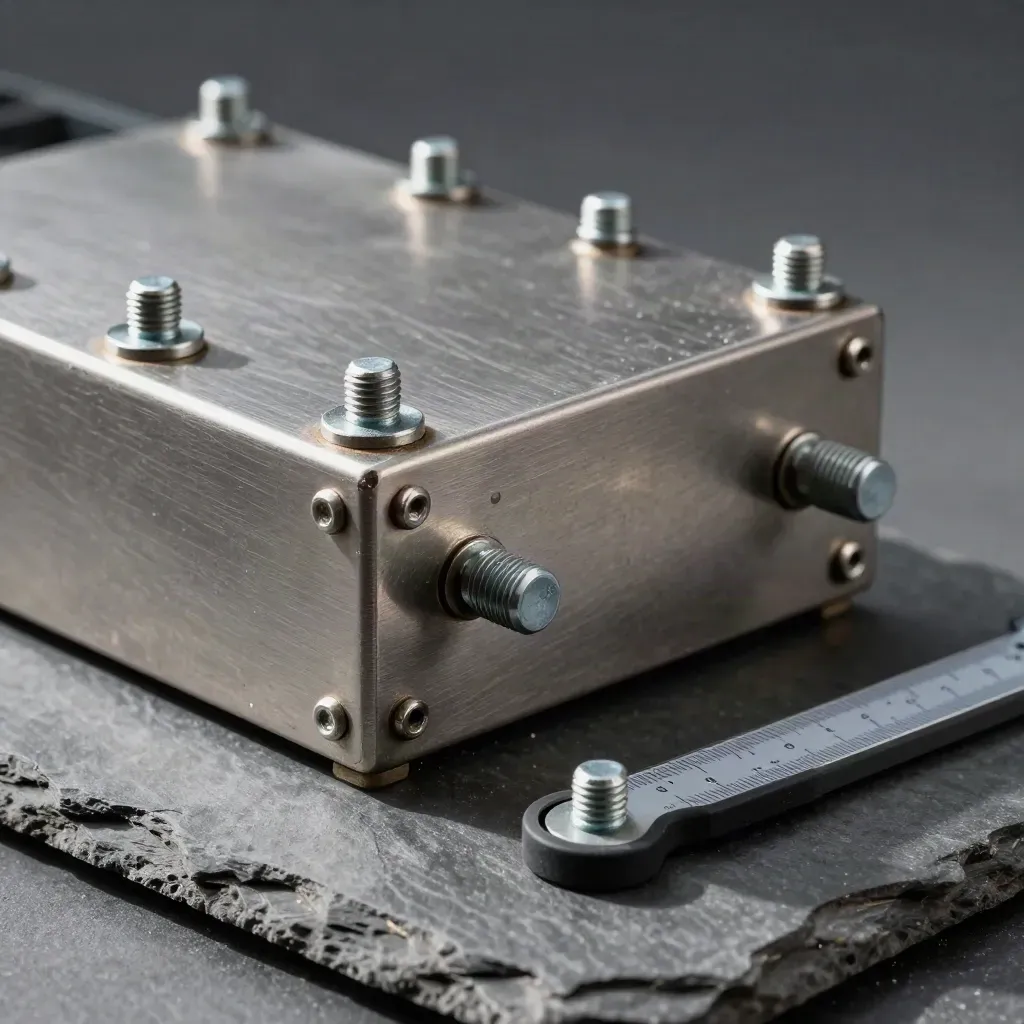 Rail relay module, bolts, gasket and gauge block on slate stone, lit dramatically
