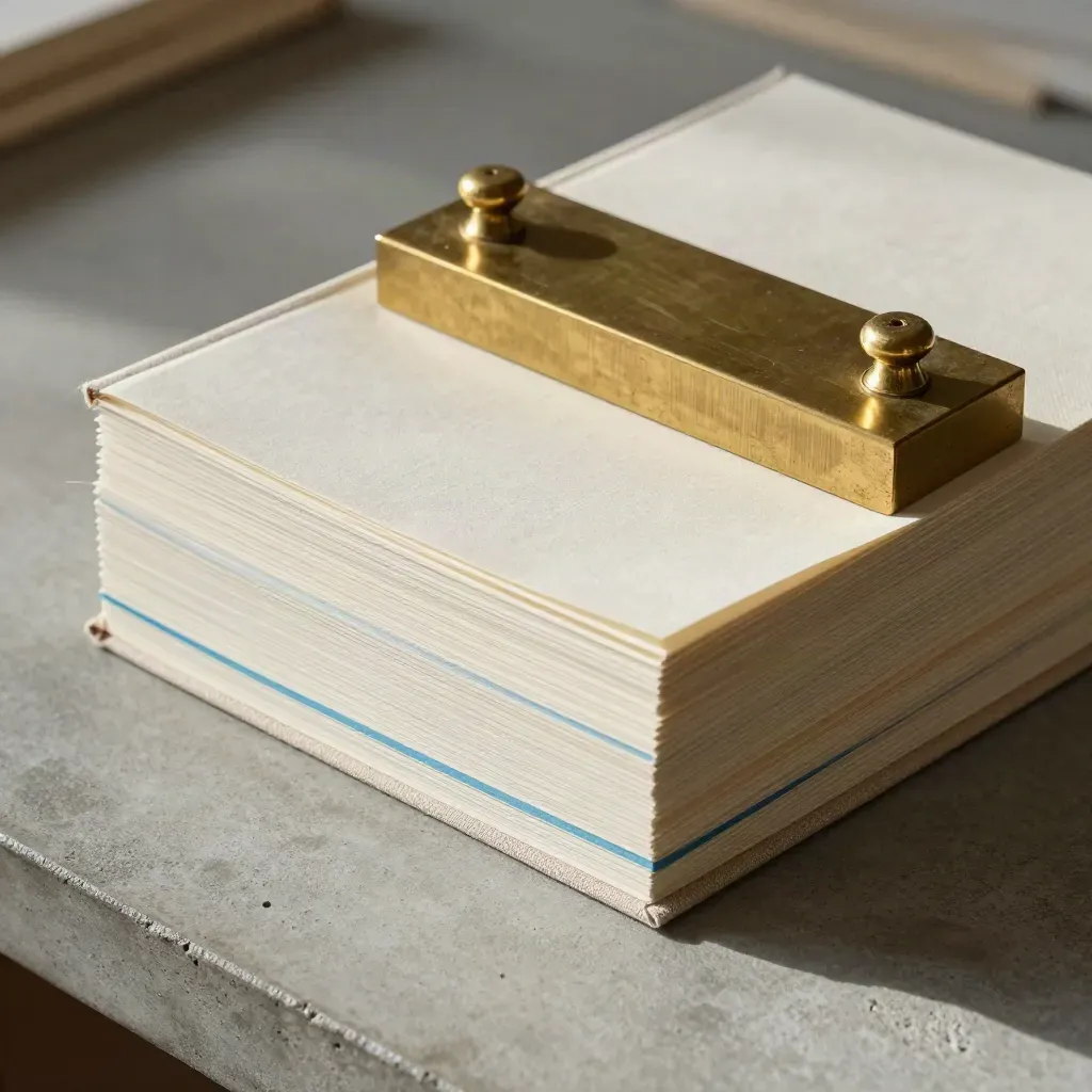 Bookbindery still life with linen books, brass weights, bone folder and trimmed paper on concrete.