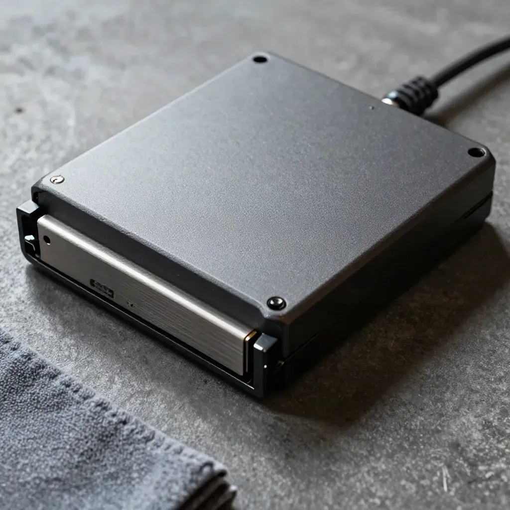 Top-down macro of an LTO backup tape cartridge seated in a docked drive bay on graphite metal.