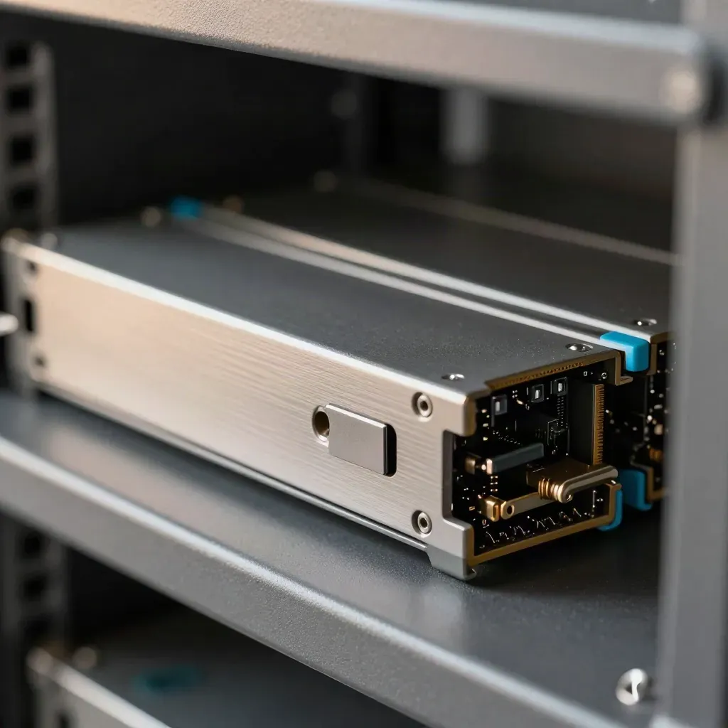 Hot-swap SSD tray clicking into a server caddy with two spare sleds on a graphite service shelf.