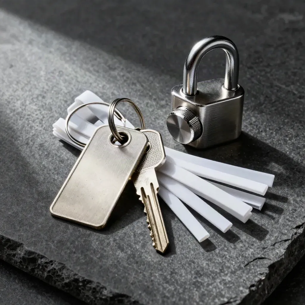 Top-down maintenance kit with cabinet lock, key ring, tag and cable ties on dark stone.
