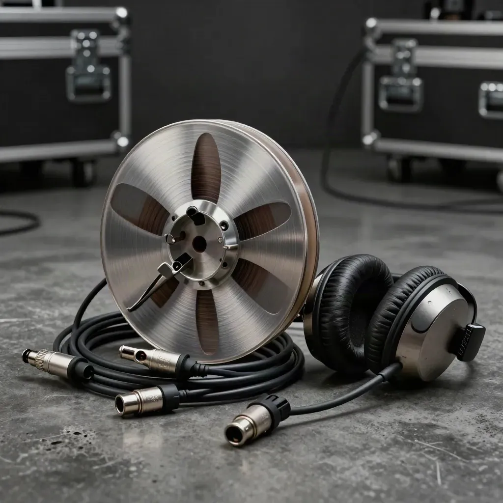 Audio reel, coiled cables, headphone cups and clamps on a concrete studio floor