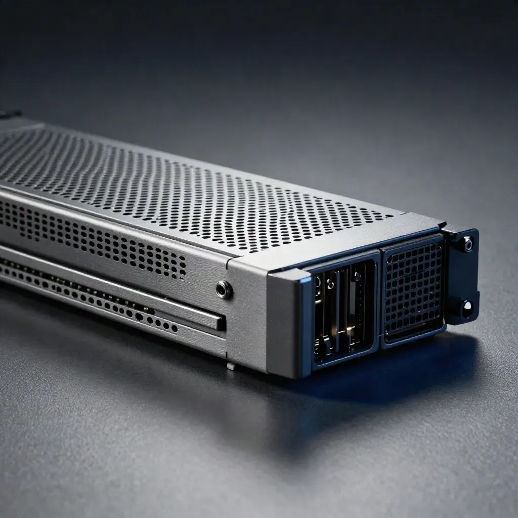 Blade-server module sliding into alignment on graphite metal, with rails, screws and faint haze.