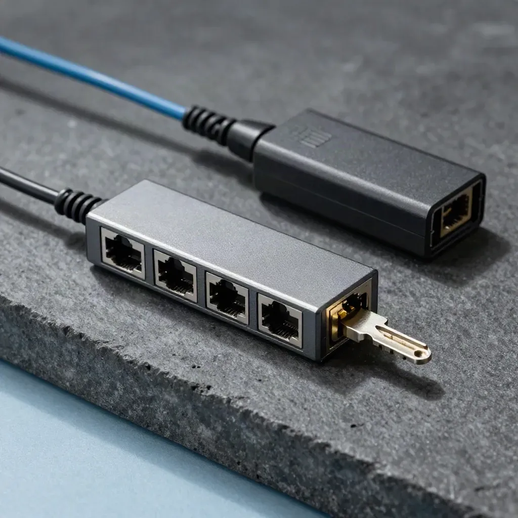 Network probe, RJ45 leads and PoE injector on a matte stone surface under dramatic studio light.