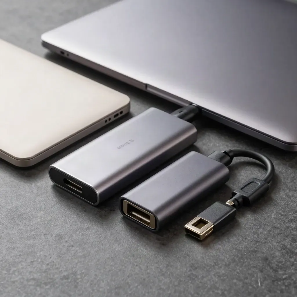 Closed laptop, USB-C dock, security key and ethernet adapter on stone.