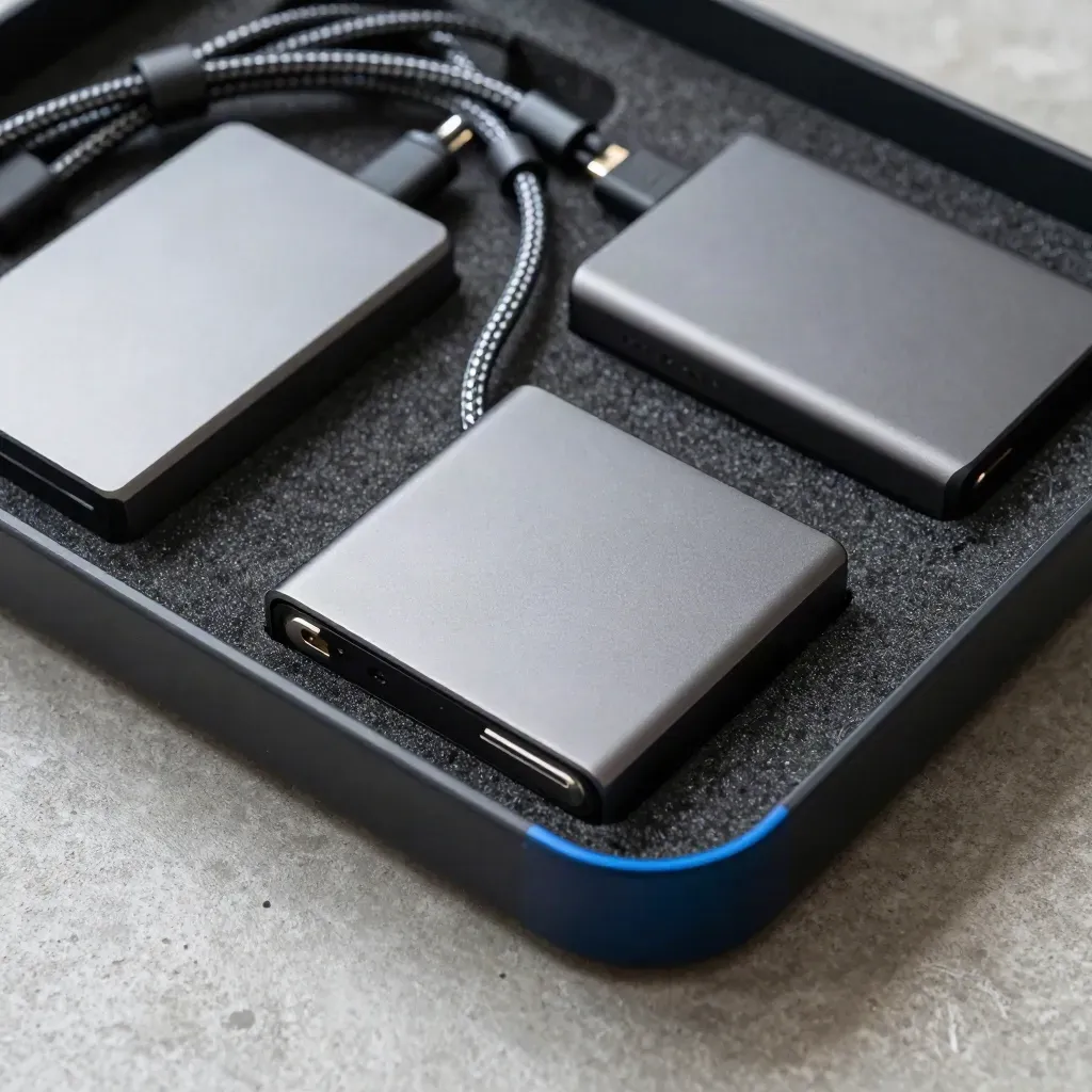 Macro of encrypted SSDs, braided cable, and foam inserts in a transit tray