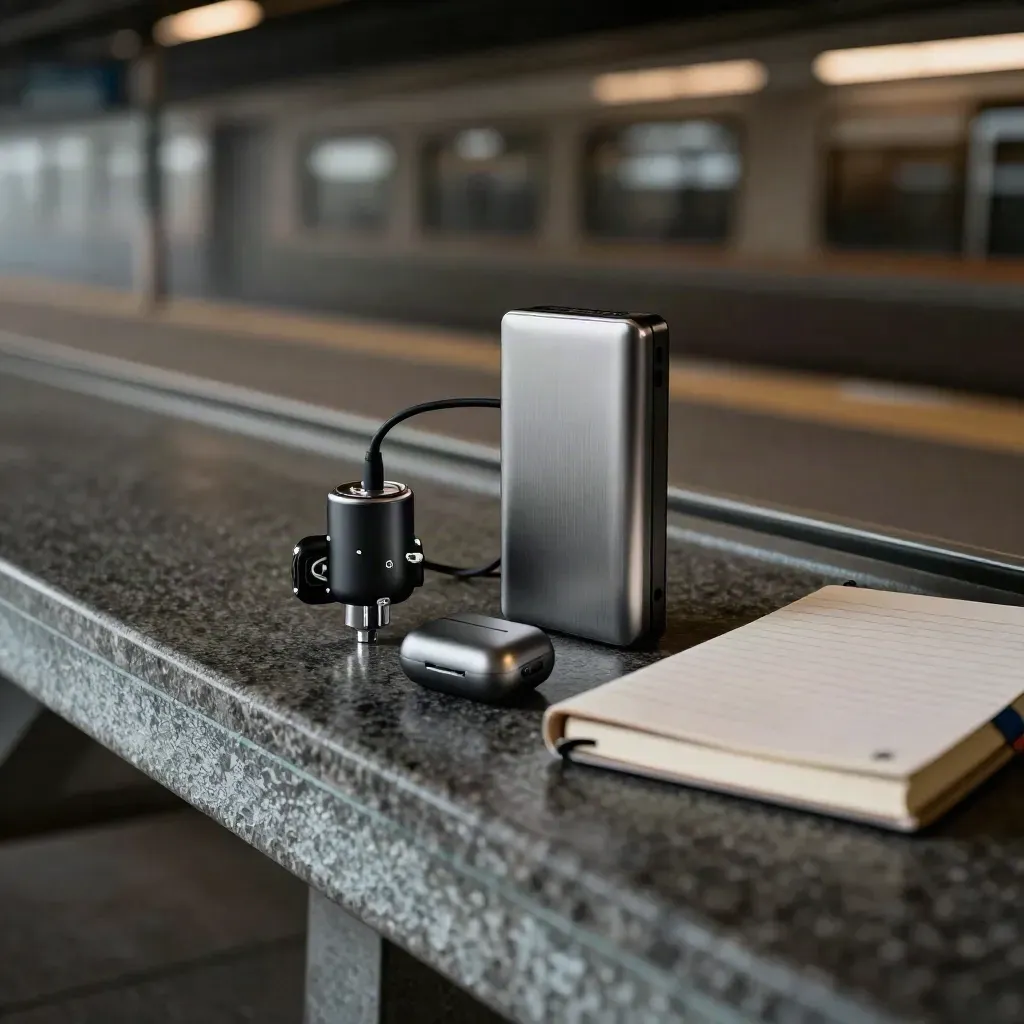 Startup travel essentials on a station bench: charger, power bank, earbuds case and notebook.