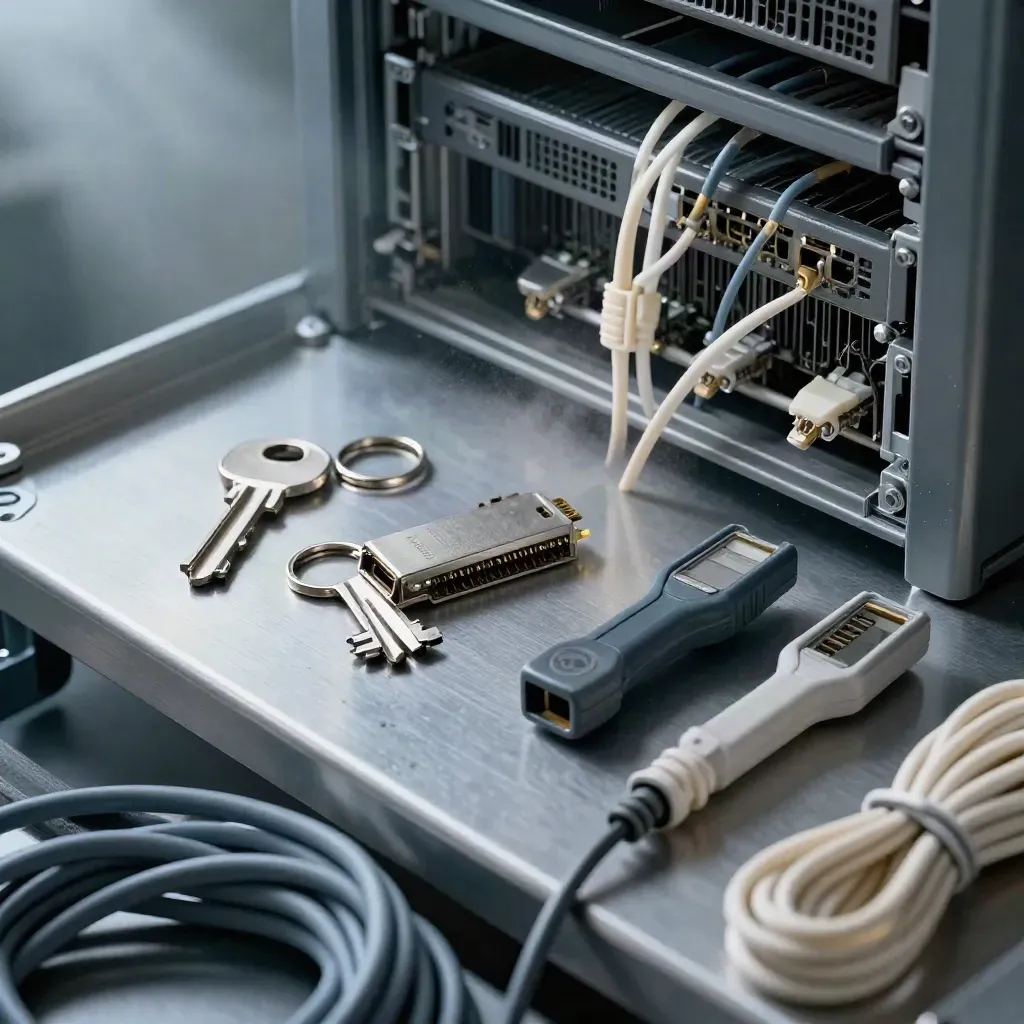Rack keys, SFP modules, cable tester and patch leads on a server shelf under raking light.