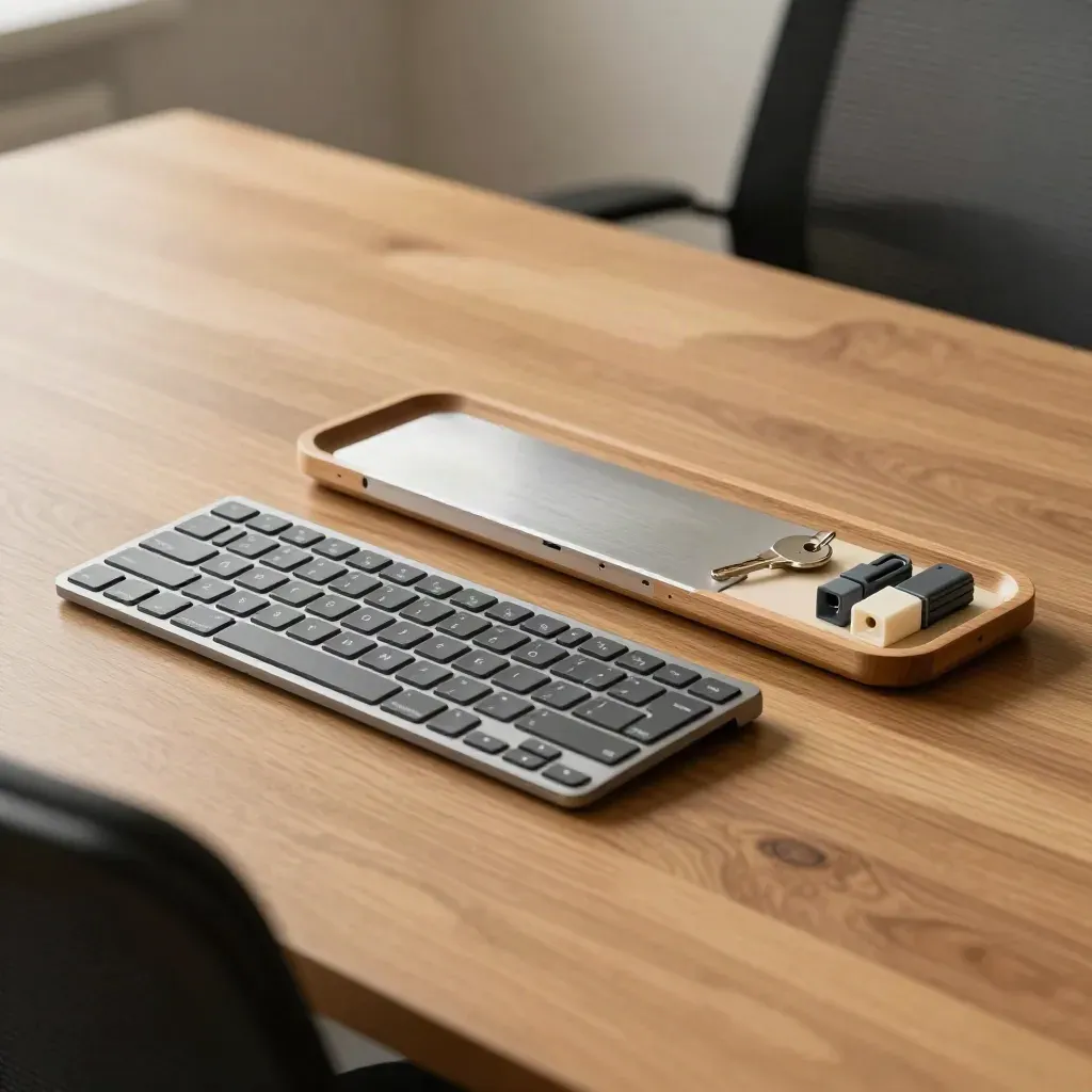 Macro onboarding still life with keyboard, dock, organiser tray and security key, seen past a blurred chair back.