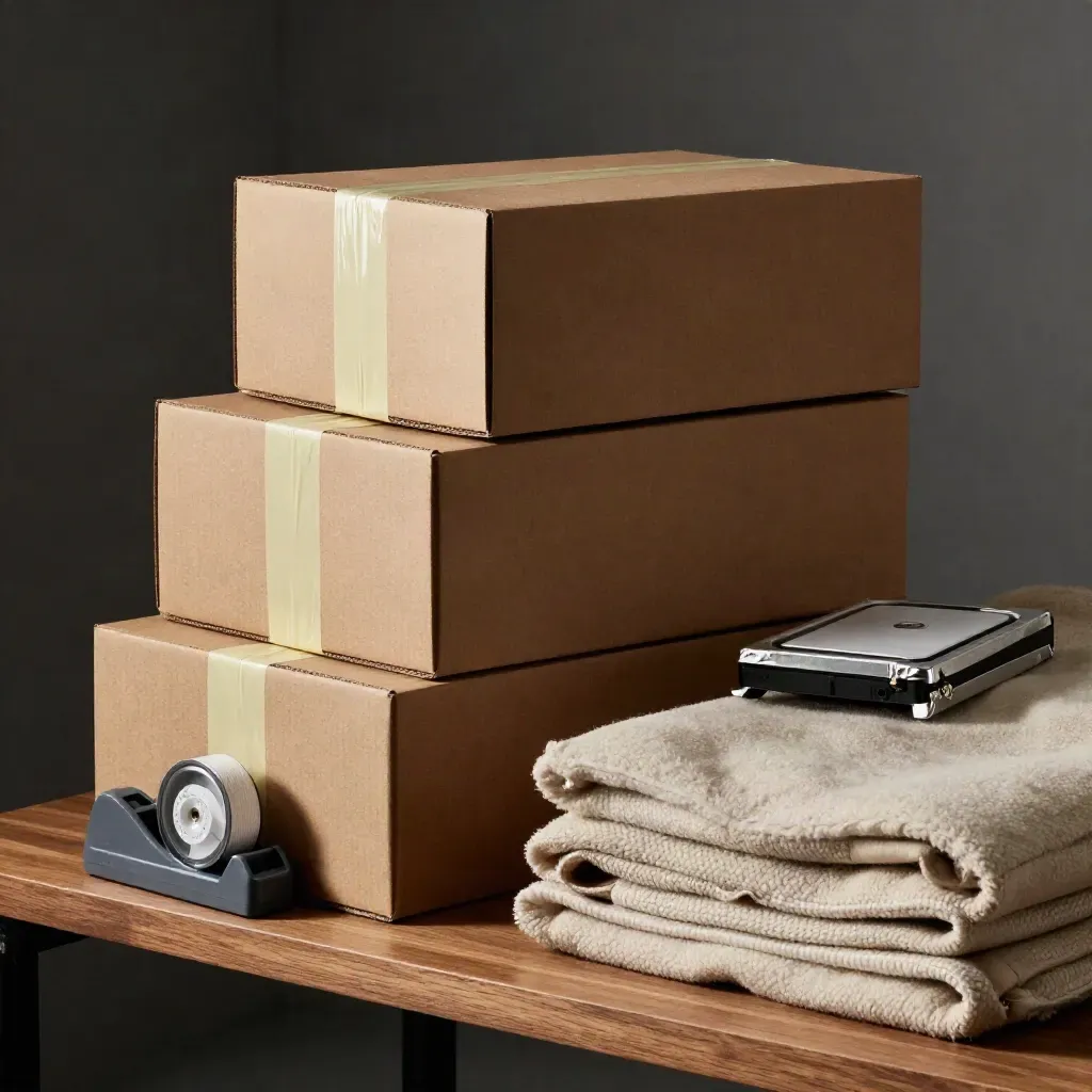 Archive boxes, tape dispenser, backup drive case and moving blanket on a dark studio shelf