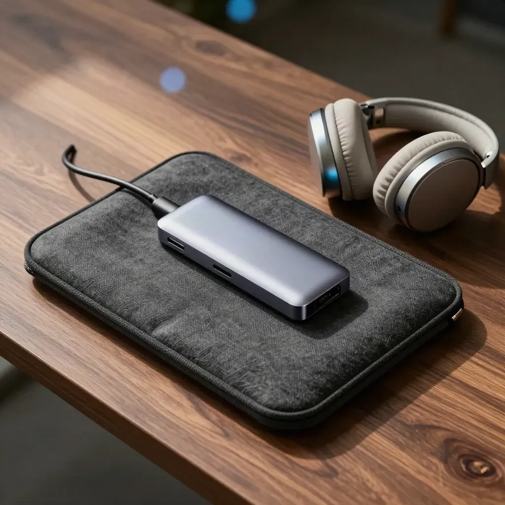 Laptop sleeve, USB-C hub, dock and headset on walnut wood with soft blue bokeh.