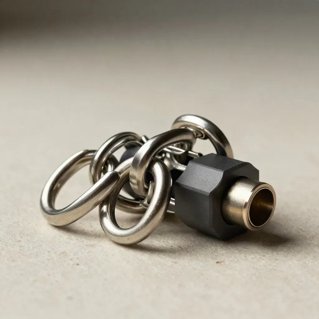 Linked aluminium rings and cable clips around a modular connector block on stone.
