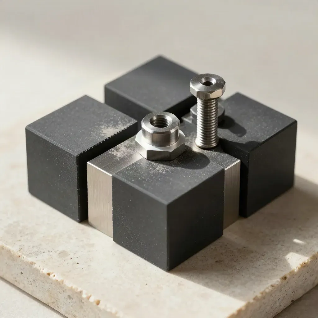 Top-down macro still life of graphite blocks, dowel pins and hex spacers aligning on stone.