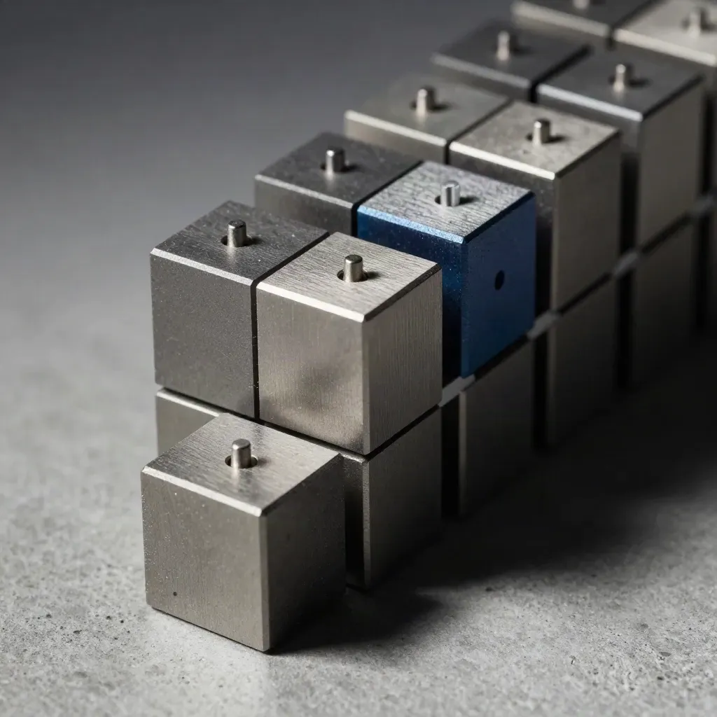 Macro of graphite modular cubes with pegs and connector rail on cool concrete.