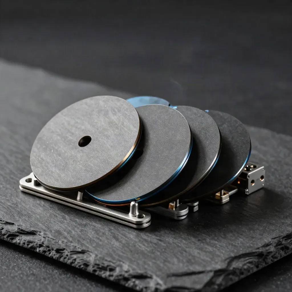 Metal monitoring discs, perforated mounts and a tiny relay block on dark stone in dramatic light.